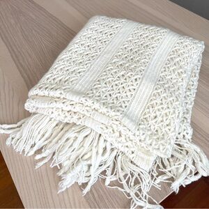 Cream Crochet Knit Afghan Throw Blanket w Fringe Cozy Open Weave Boho Farmhouse